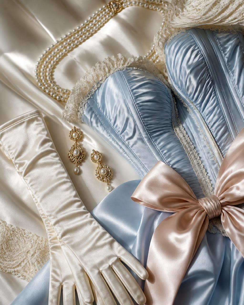 Powder blue corset gown, ivory opera gloves, pearls, gold earrings and a blush satin bow