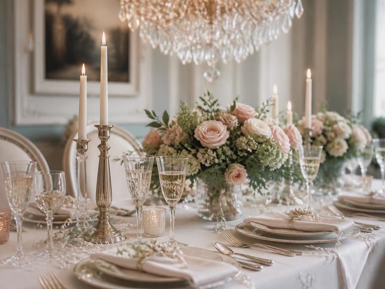 Candlelit tablescape with blush roses, crystal glassware and a chandelier