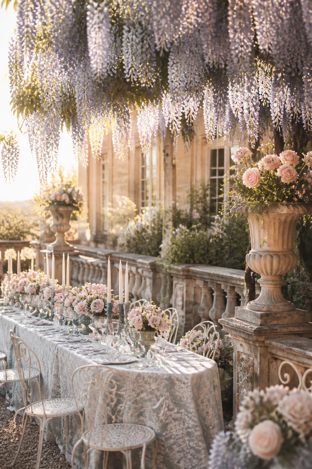 Wisteria draped over a stone terrace set for an elegant garden party