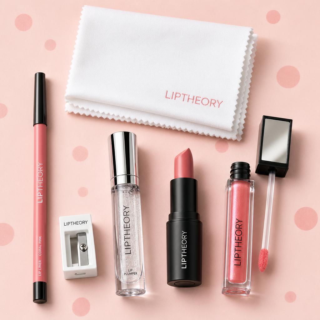 Lip Theory kit unboxed: gloss, liner, plumper, and mirror in a pink box
