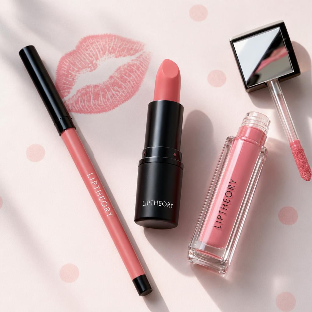 Lip Theory lipstick, liner, and gloss with a soft pink kiss mark on blush paper